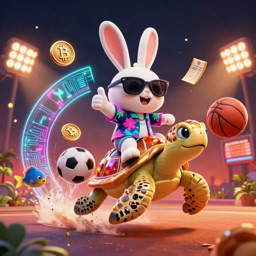 Rabbit rides a golden turtle amid neon casino sports action, coins, fish, and blazing lights.