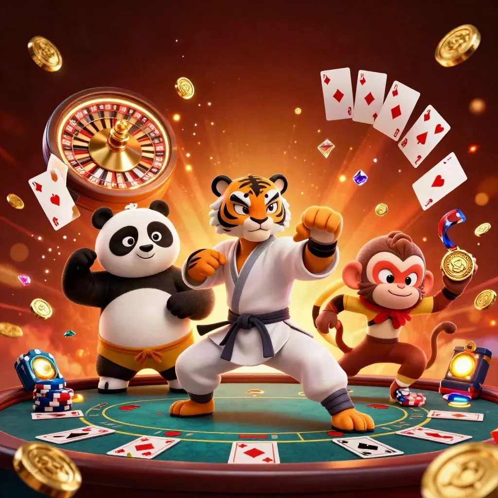 Tiger, panda, and monkey in a neon casino scene with coins, gems, and a spinning roulette wheel.