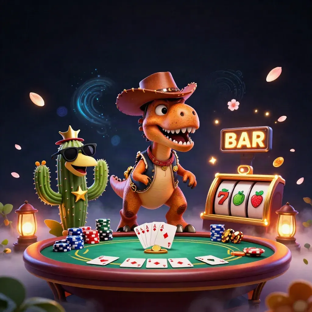 Cartoon cowboy T-Rex, cactus and roadrunner blast through glowing casino and slot imagery.