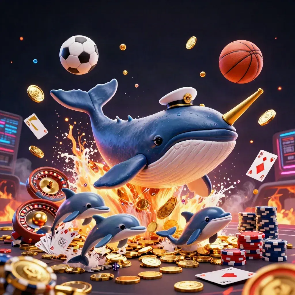 Whale captain, narwhal, and dolphins burst through coins with sports balls and casino chips.