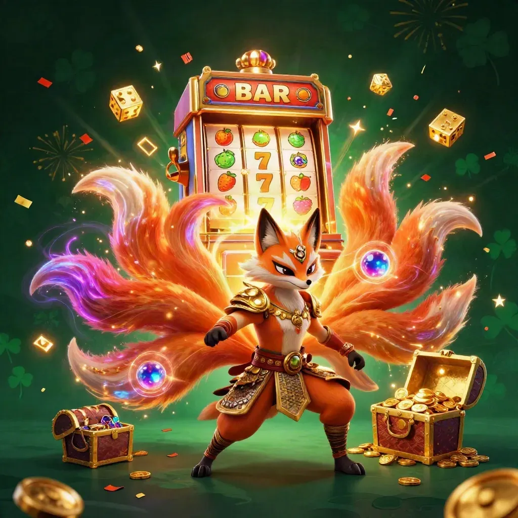 Fox spirit, armored mouse, slot machine burst, gold, and neon casino magic.