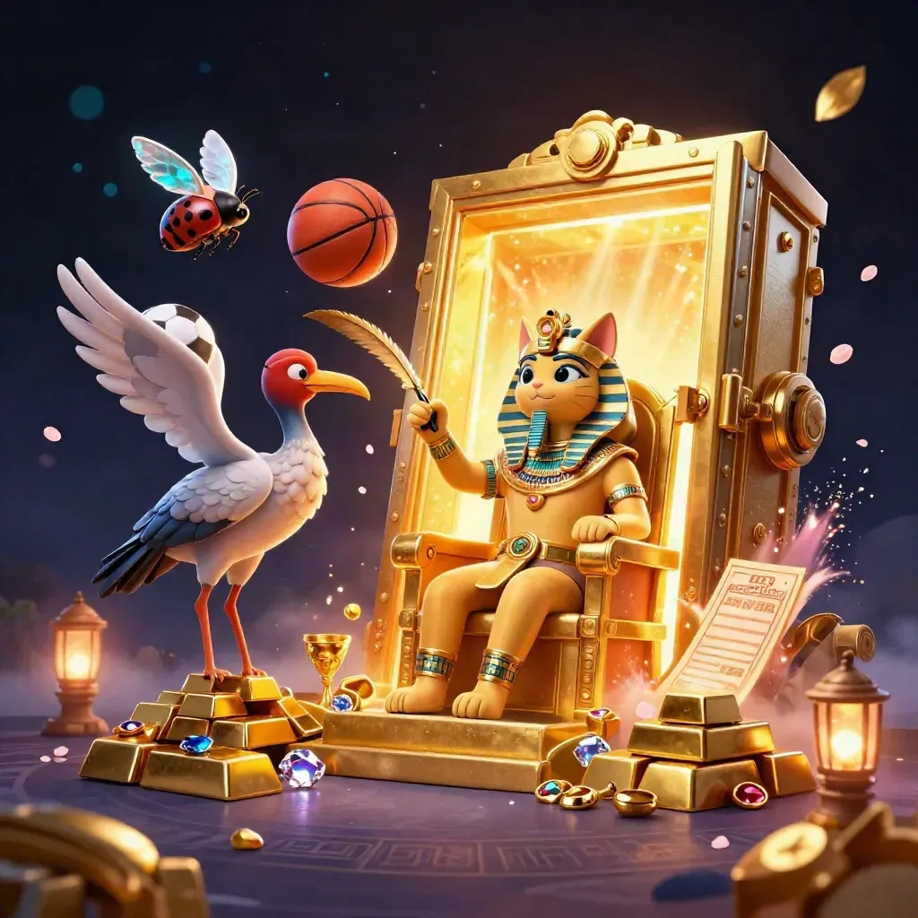 Pharaoh cat, ibis, and scarab beetles amid flying balls, gold, and vault light in a neon casino scene