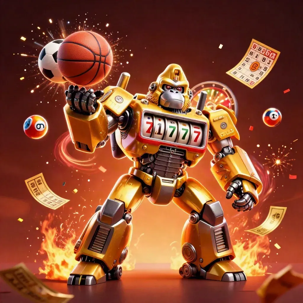 Golden gorilla mech with monkey pilot, balls, reels, confetti, and glowing casino energy in a fiery arena.