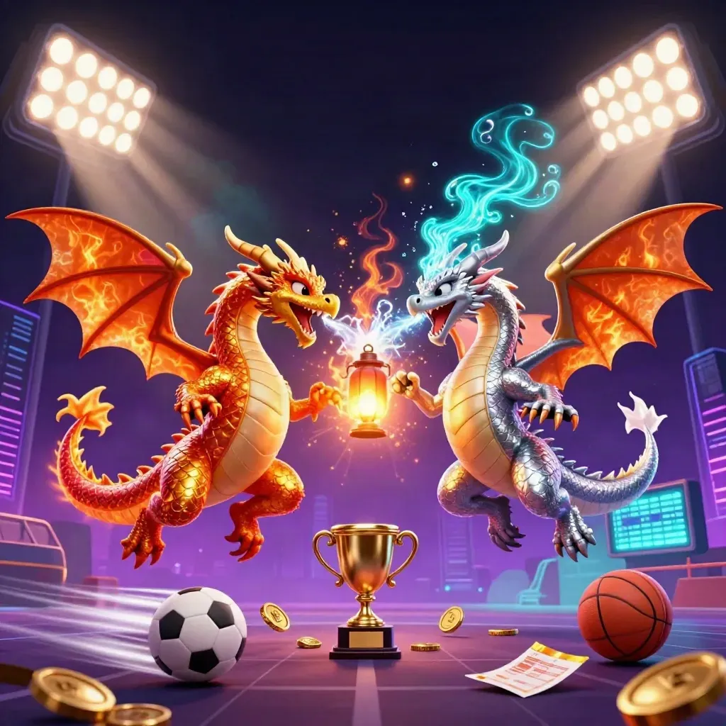 Twin gold and silver dragons spiral through a neon sports burst with balls, coins, trophy and floodlights