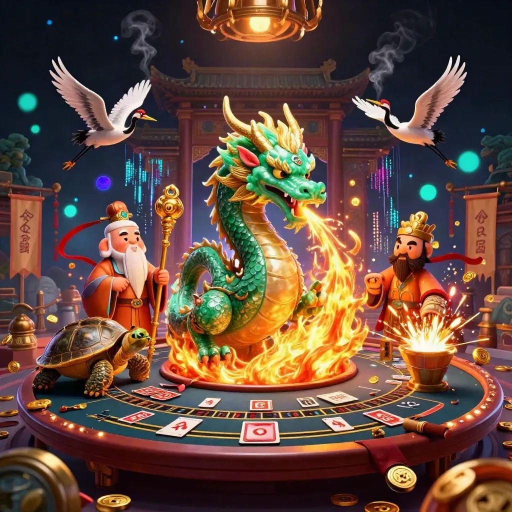 Dragon, turtle sage, and cranes in a glowing casino-temple battle room