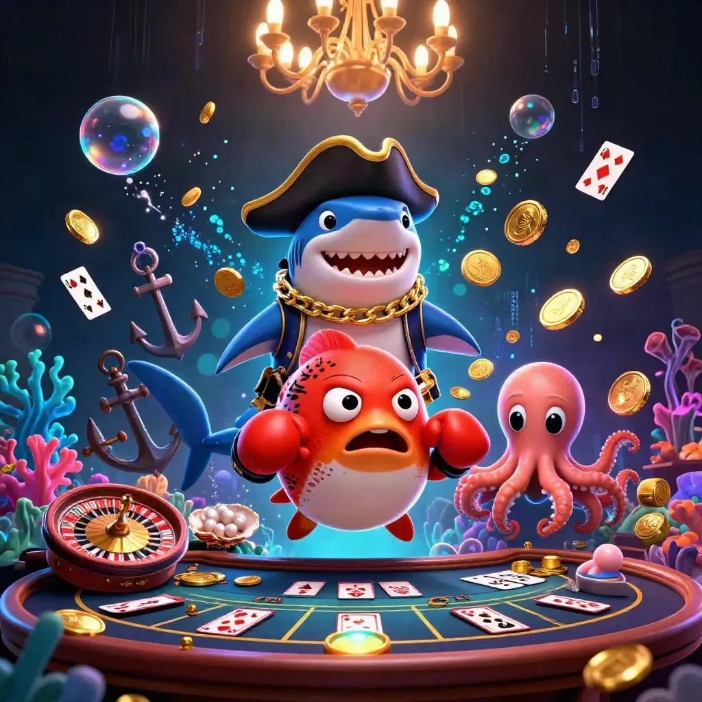 Pirate shark, boxing pufferfish, and juggling octopus in a glowing underwater casino cove.