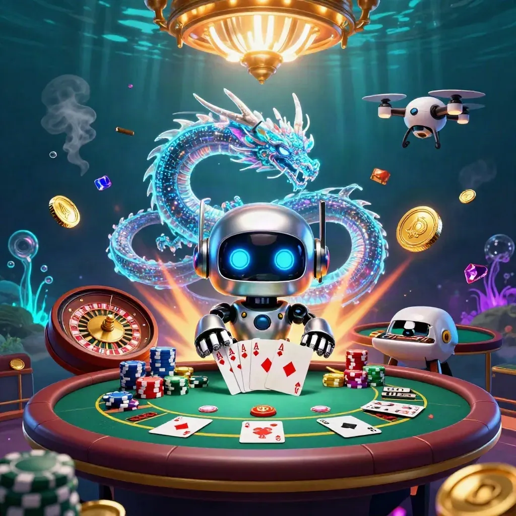 Robot, holographic dragon, and drone amid casino props, glowing underwater in neon luxury.