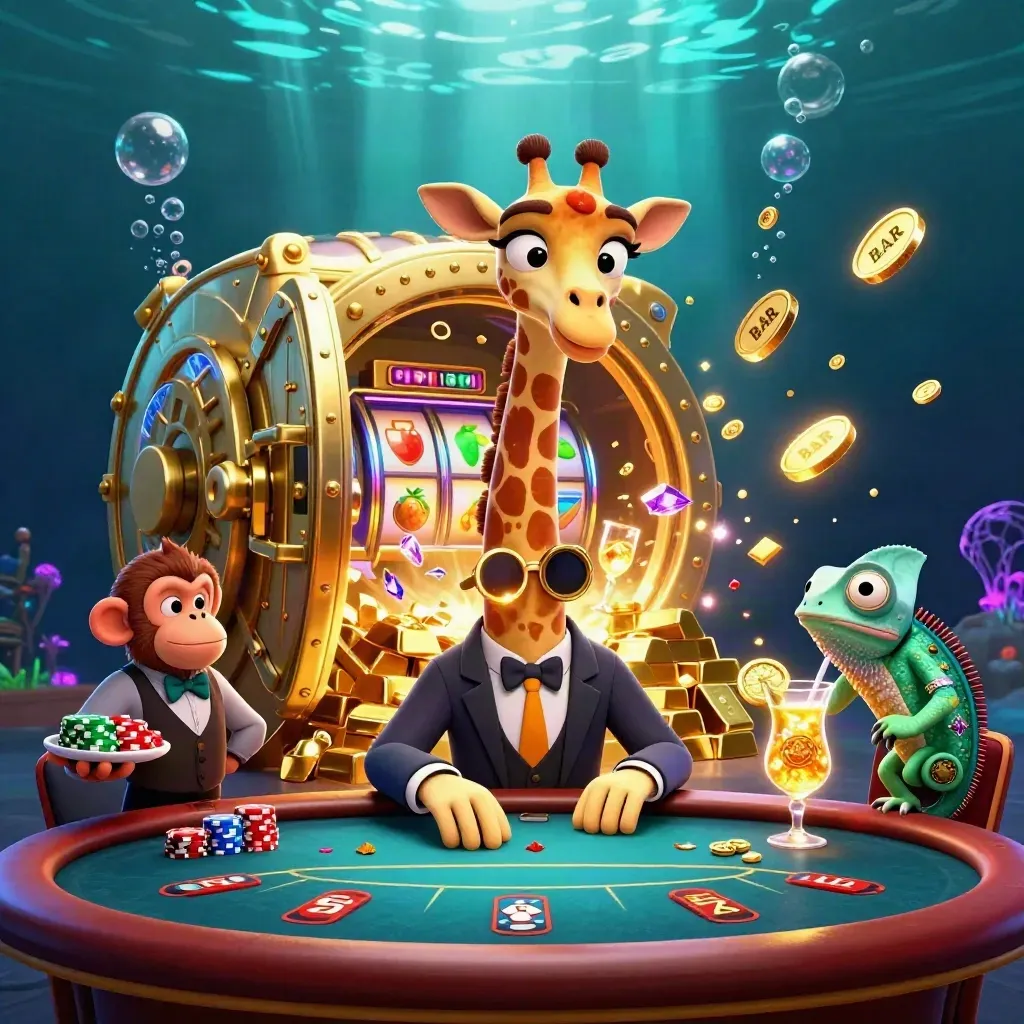 Giraffe, monkey, and chameleon at a glowing casino vault underwater with gold and gems exploding.