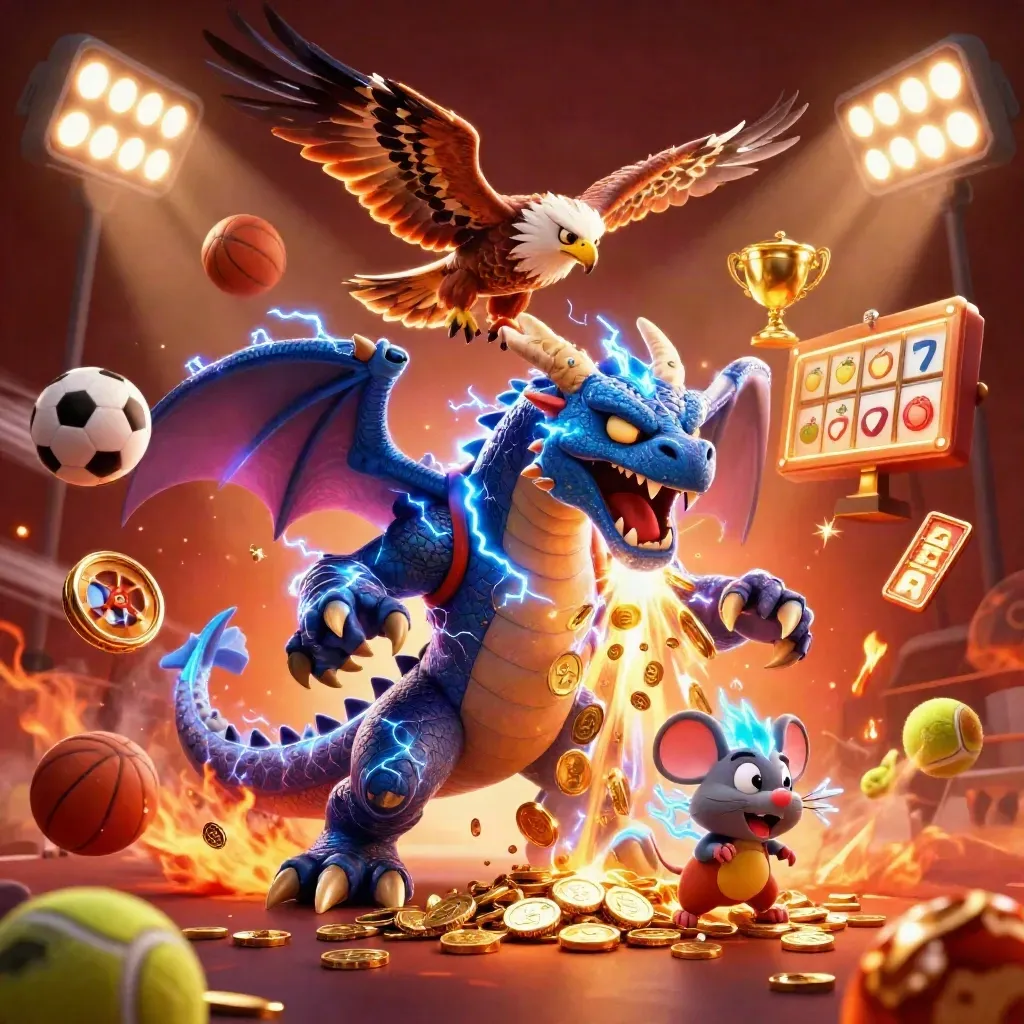 Thunder dragon, hawk, and mouse explode amid gold coins, sports balls, and casino glow.