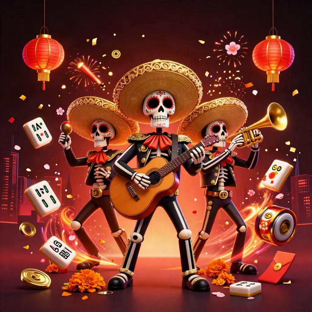 Skeleton mariachi trio amid glowing gold bursts, lanterns, coins, and fireworks on a dark casino skyline.