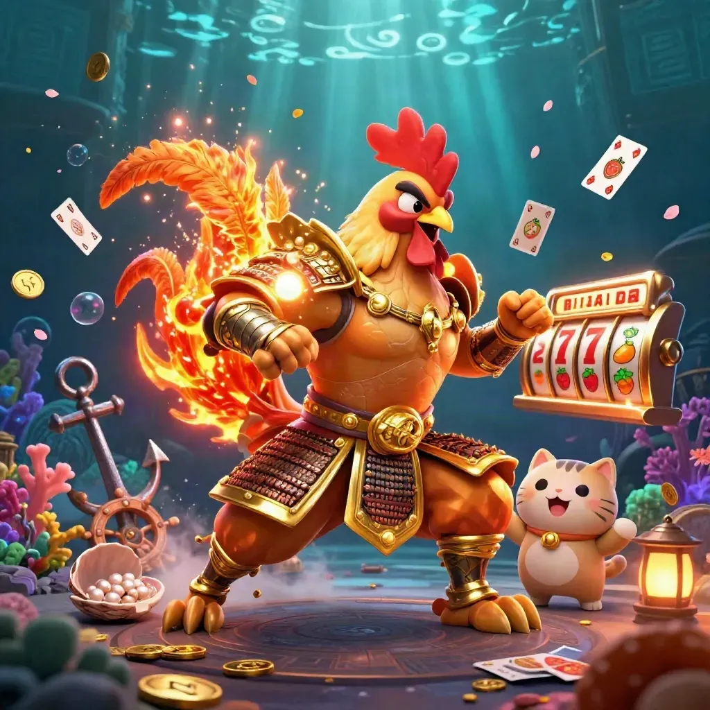 Rooster warrior, dragon hatchling, and fortune cat burst through a glowing underwater treasure cove.