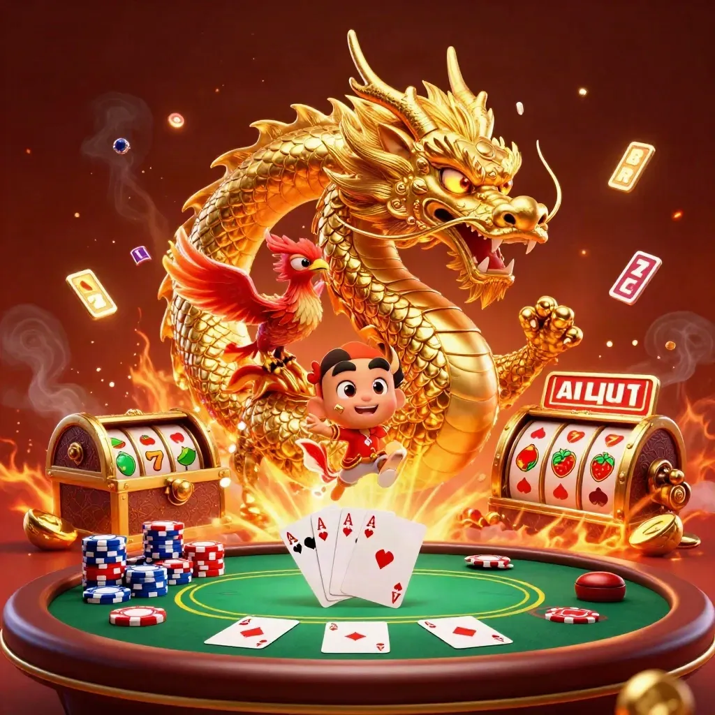 Golden dragon, baby phoenix, and koi erupt from a treasure chest amid casino props and ember glow.