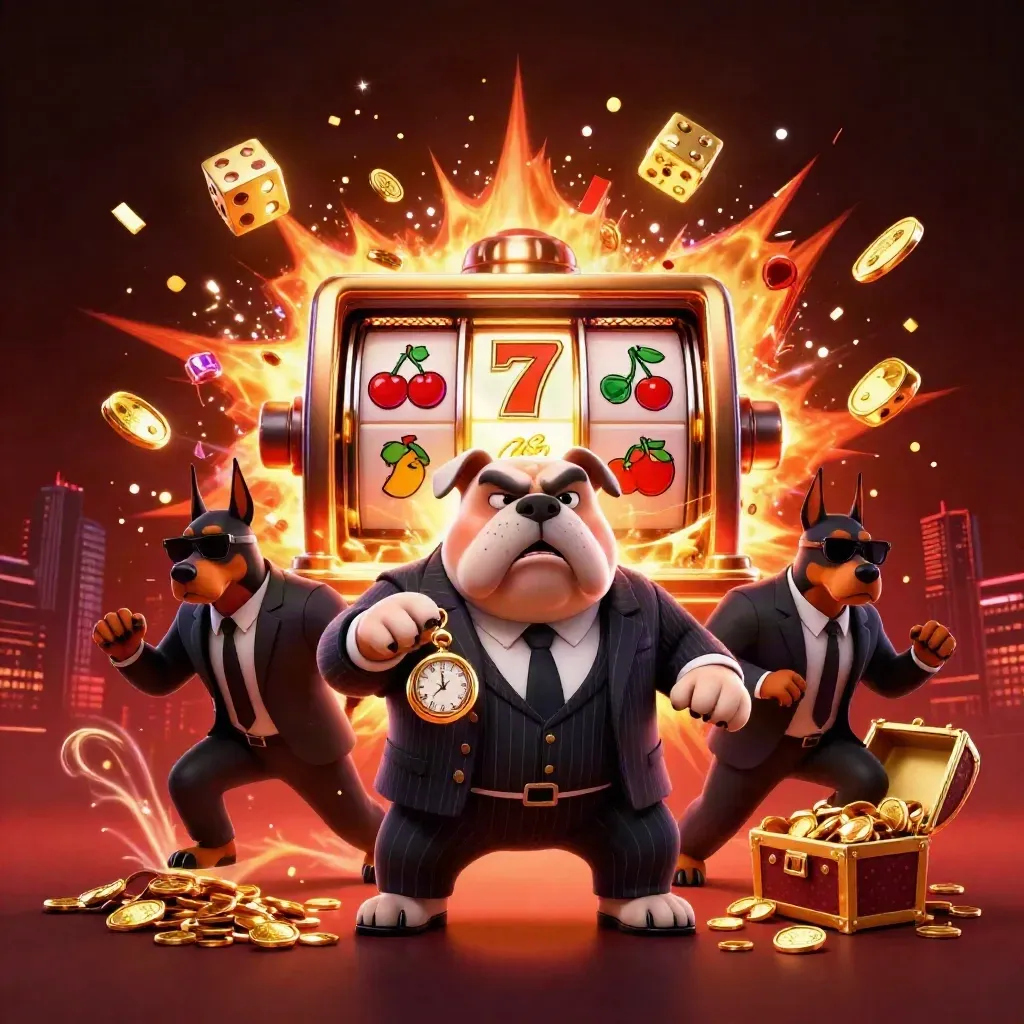 Mafia-boss bulldog and Dobermans amid exploding slots, gold, gems, and neon jackpot energy.