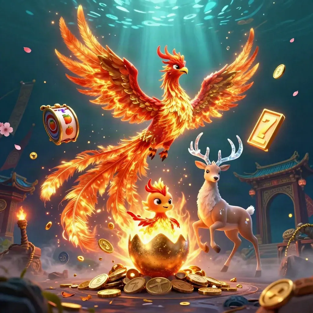 Fire phoenix, hatching baby phoenix, and crystalline stag amid gold, reels, and temple glow