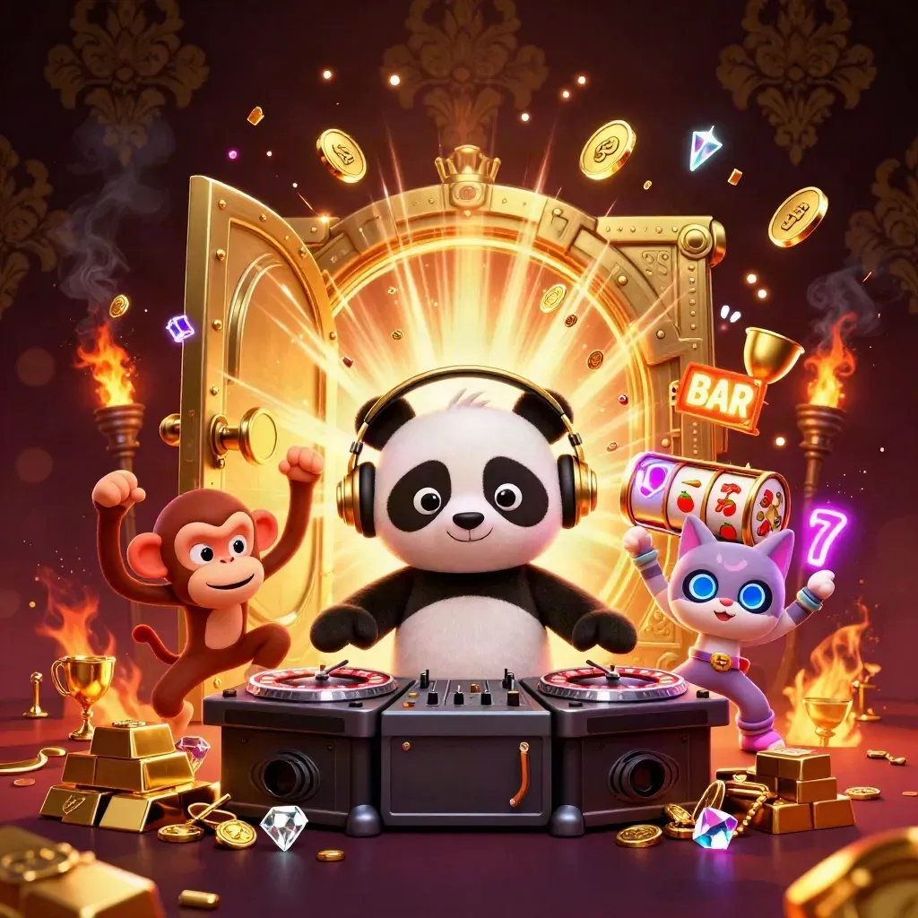 DJ panda, monkey, and glow kitten blasting out of a vault with gold, gems, and casino reels