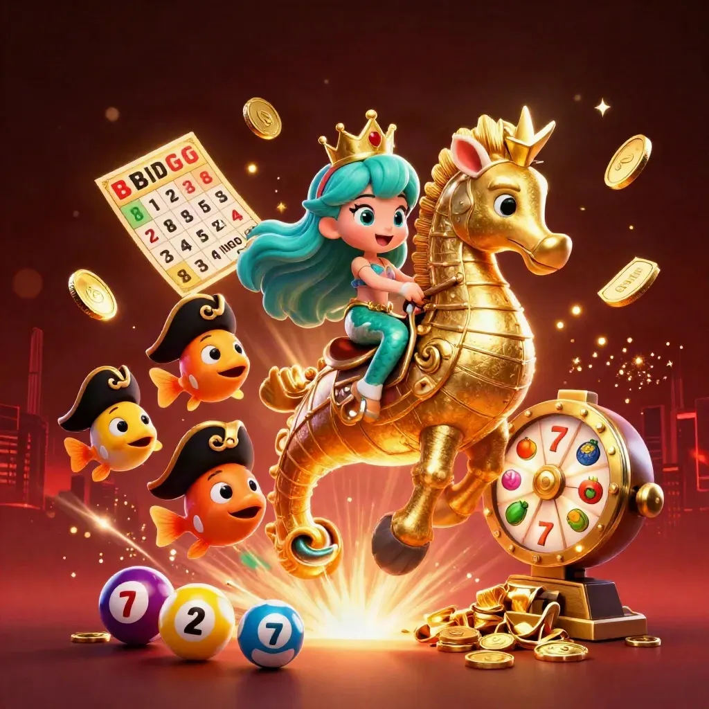 Mermaid princess on gold seahorse amid casino prizes, coins, reels, fireworks in neon night glow