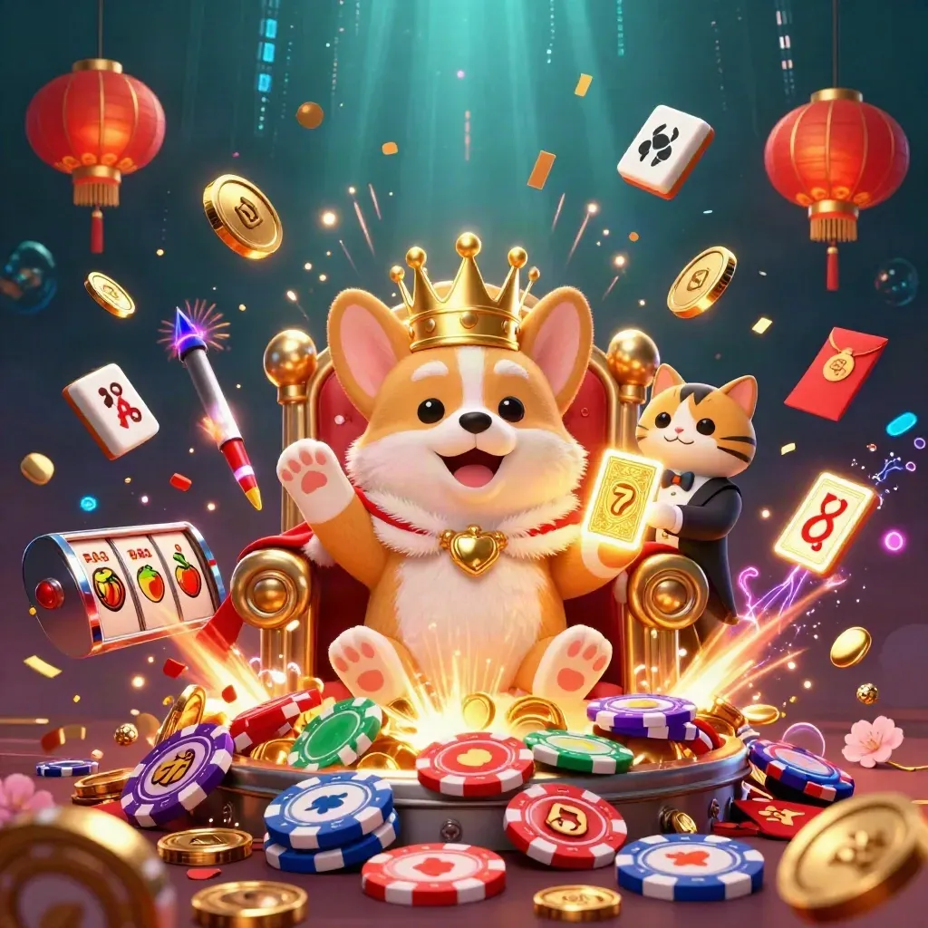 Royal corgi and cat butler celebrate amid gold coins, lanterns, reels, and fireworks.