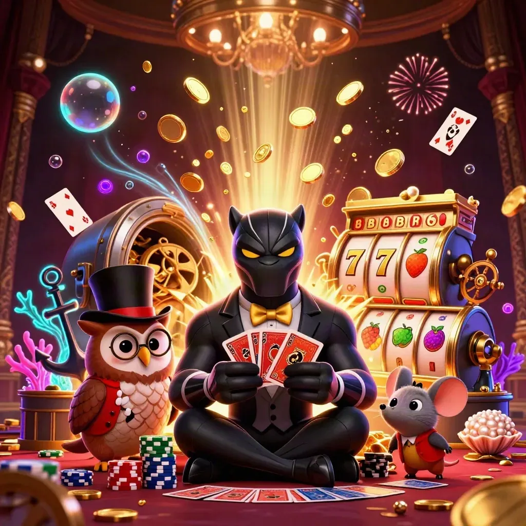 Tuxedo panther, owl, and mouse amid gold coins, treasure cove glow, and casino symbols