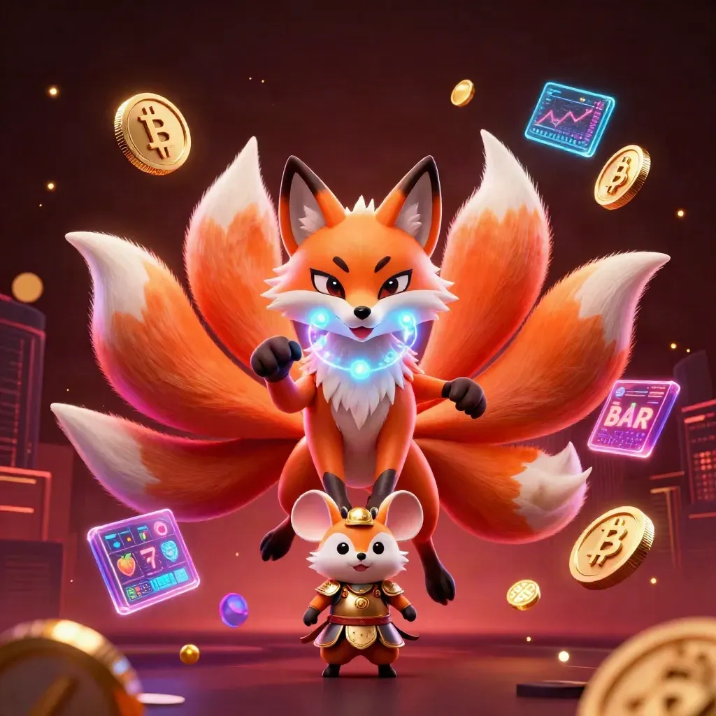 Neon nine-tailed fox spirit with golden mouse amid casino coins, lightning, and slot symbols