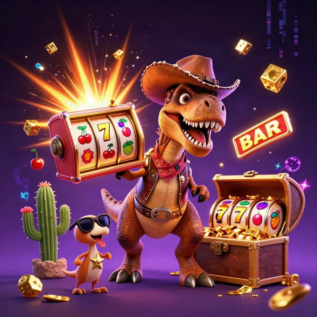 Cowboy T-Rex, cactus sidekick and sheriff roadrunner burst from a slot machine in neon casino glow