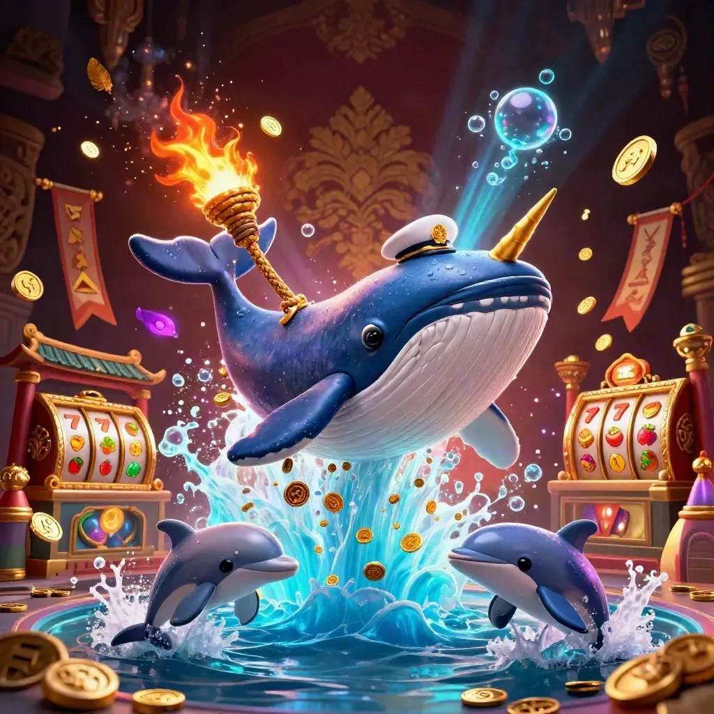 Captain whale, narwhal, and dolphins burst through gold coins in neon casino glow.