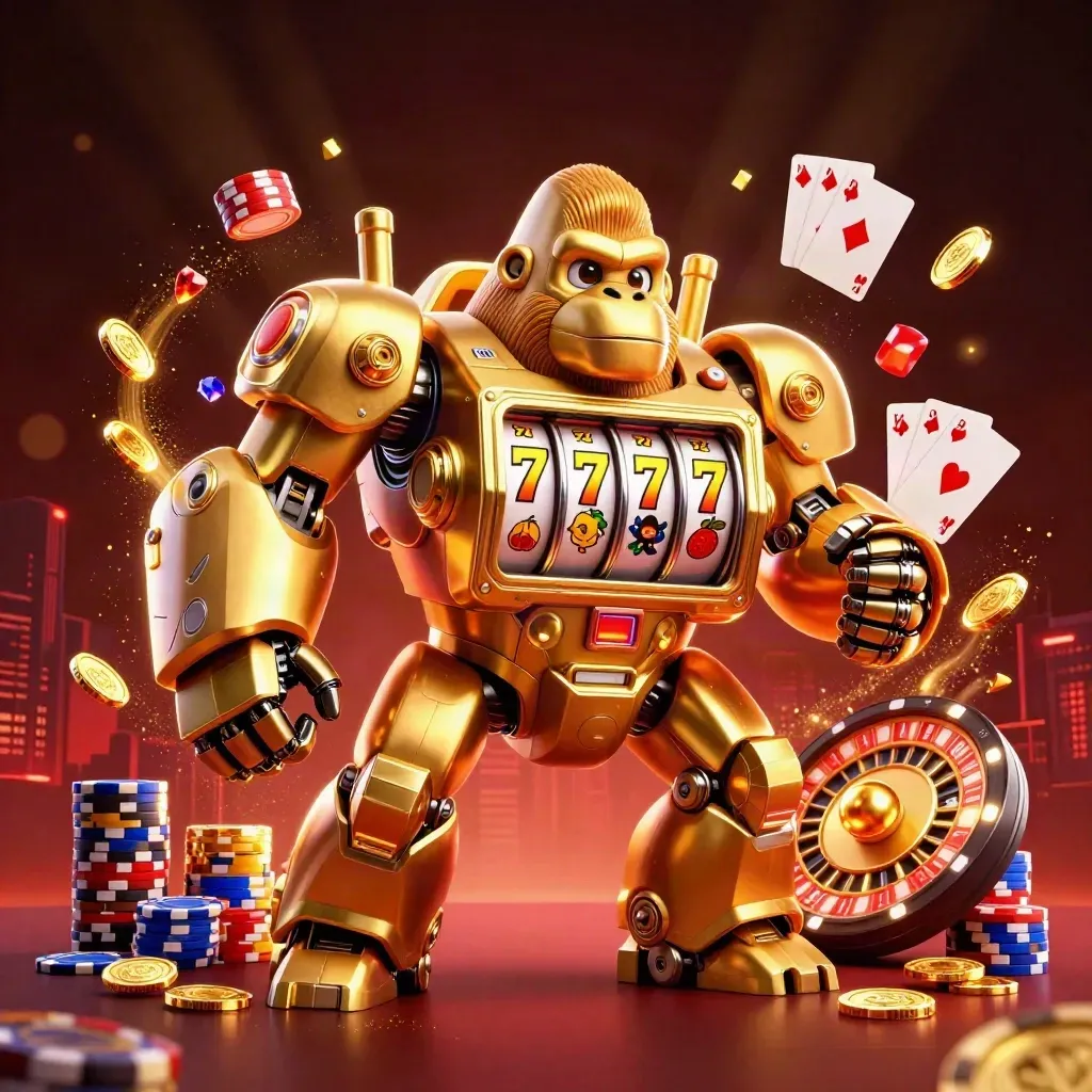 Golden gorilla mech with tiny monkey pilot amid coins, reels, chips, and casino glow.