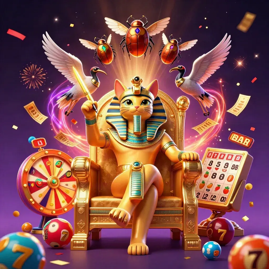 Pharaoh cat, ibis scribe, and gem-wing scarabs with casino symbols in a glowing royal swirl.