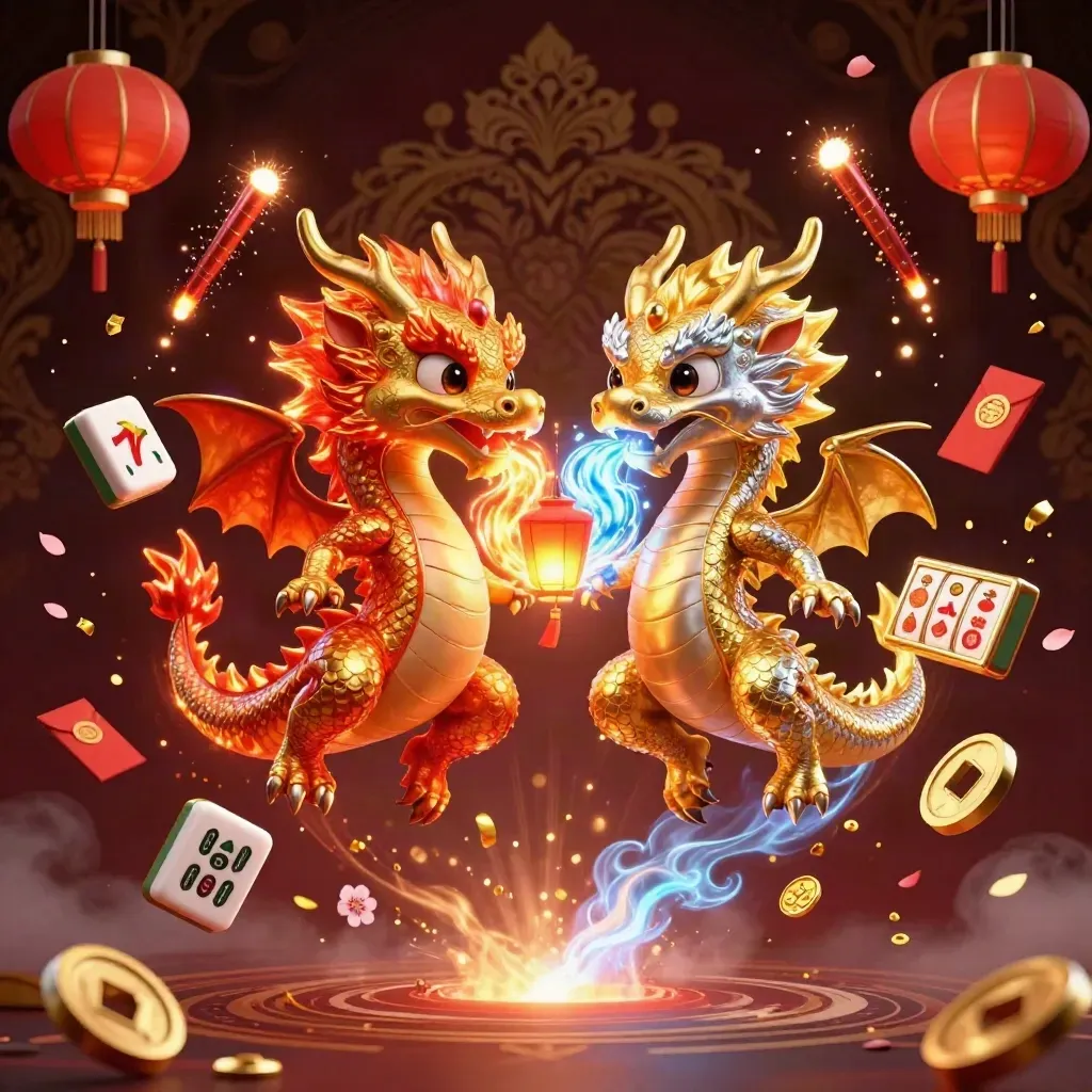 Twin dragons form a fire-and-ice yin-yang amid casino symbols and lantern glow.