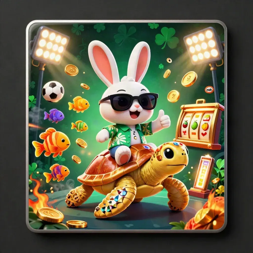 Lucky rabbit rides a jeweled sea turtle amid coins, reels, sparks, and neon casino glow.