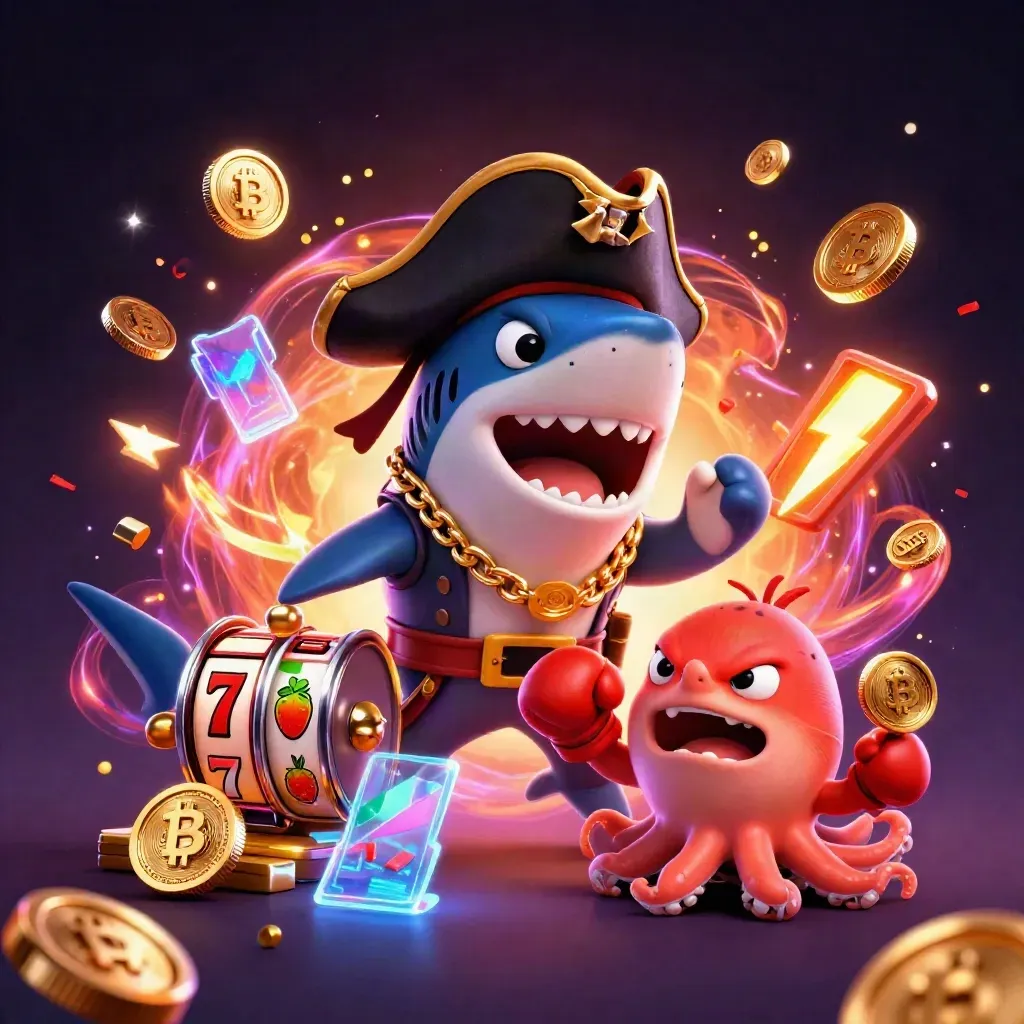 Shark pirate, boxing pufferfish, and coin-juggling octopus amid glowing slot symbols